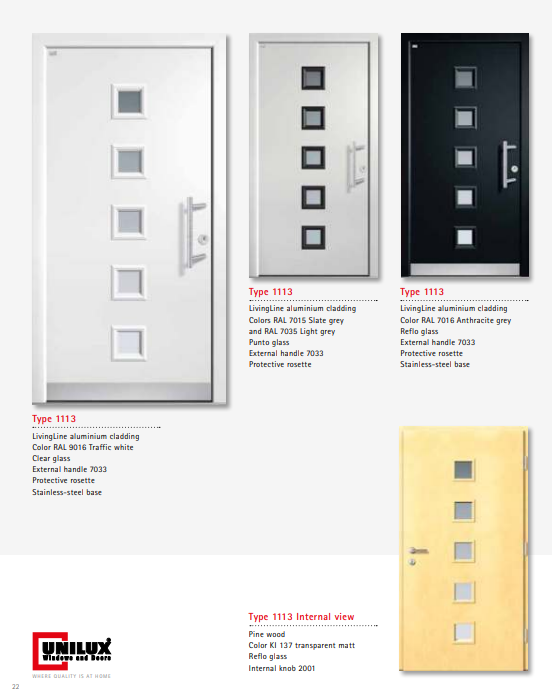 Type 1113 LivingLine – Multi-Glass LivingLine Aluminium Clad Entry Door, Punto/Reflo Glass Options, Stainless Steel Base, Designer Handles, High Security, Full RAL Color Range